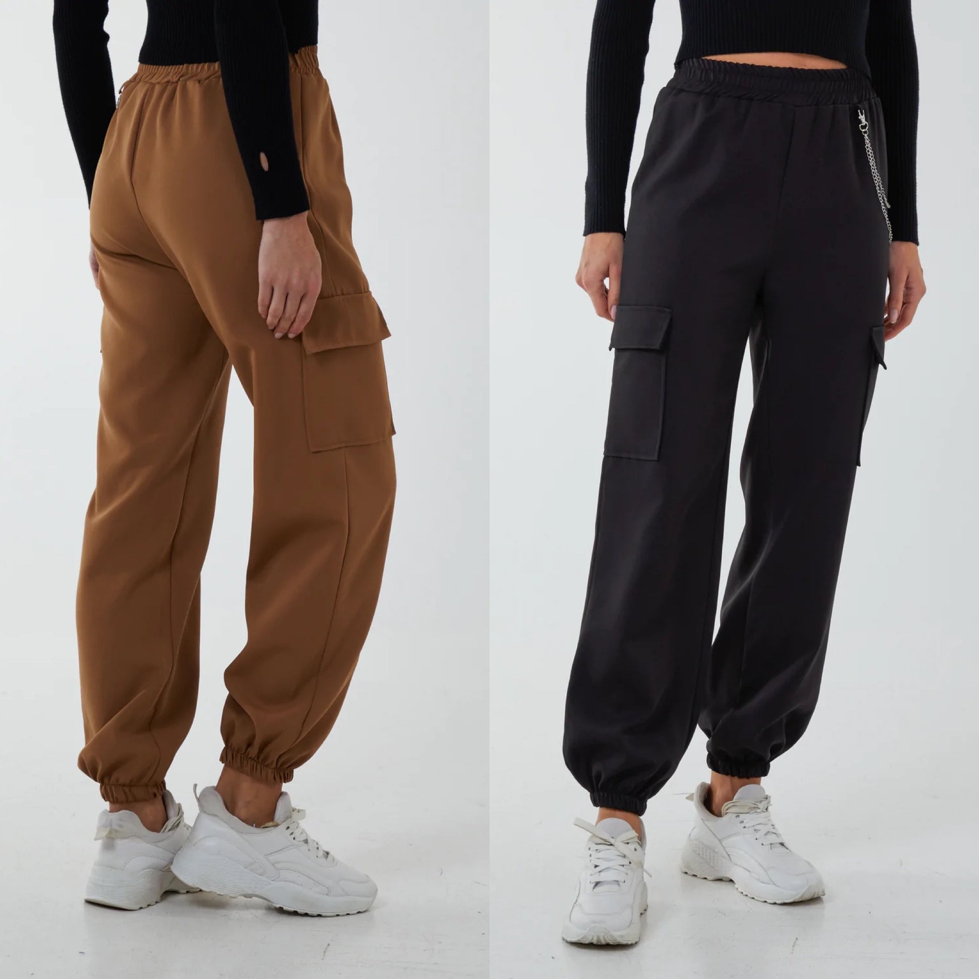 Satin Feel Cargo Trousers with removable chain detailing and pockets