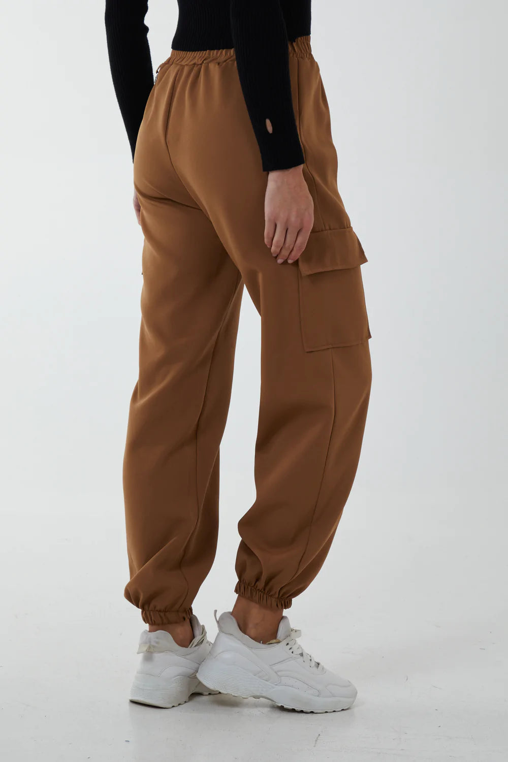 Camel coloured cargo pants with side pockets and removable chain detailing
