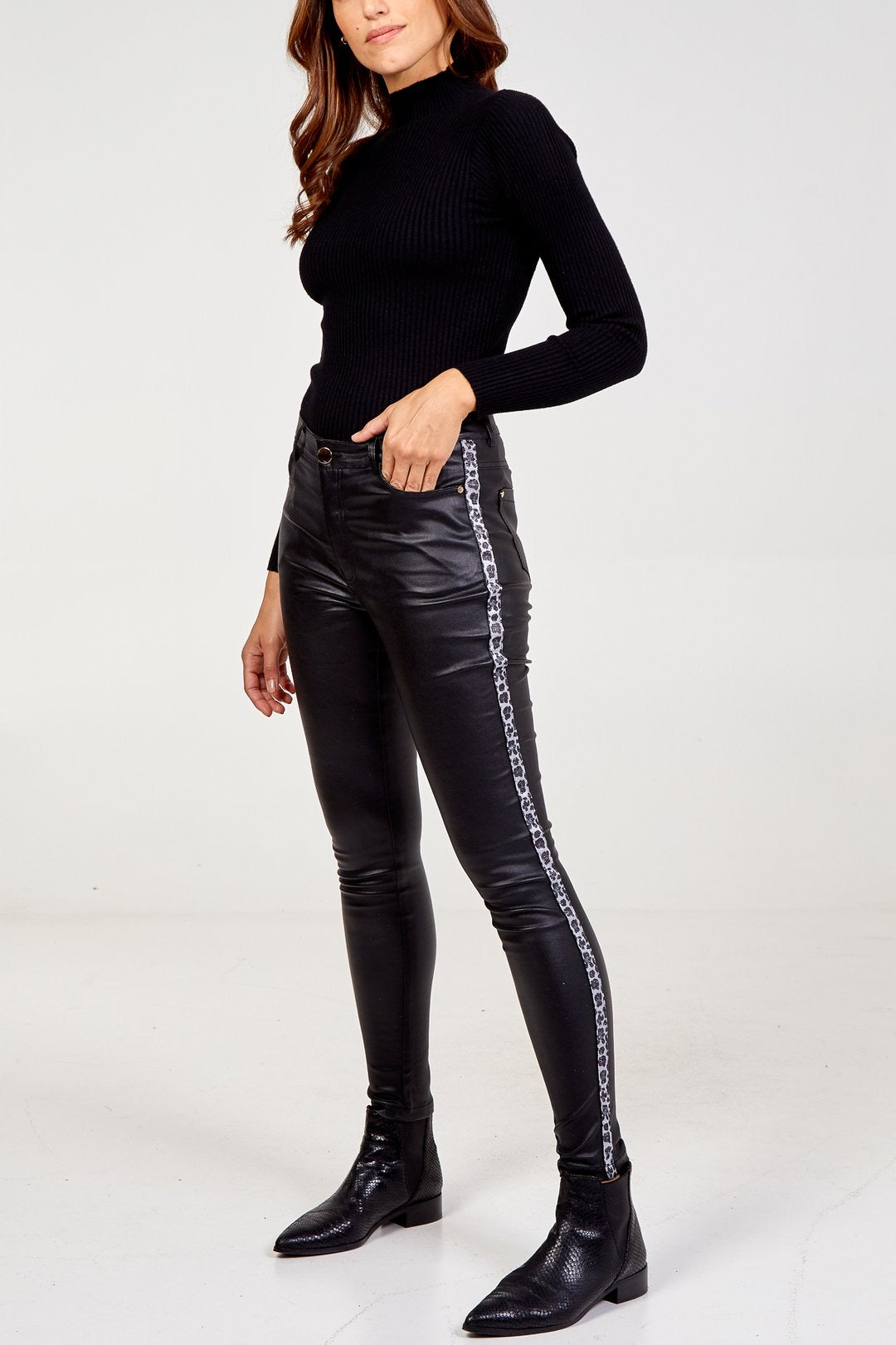 Coated Jeans With Animal Print Side Stripe