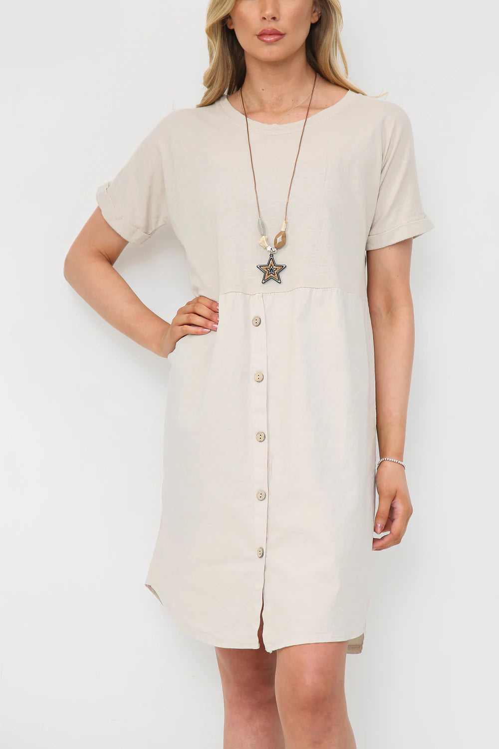 100% Cotton Button Dress With Necklace