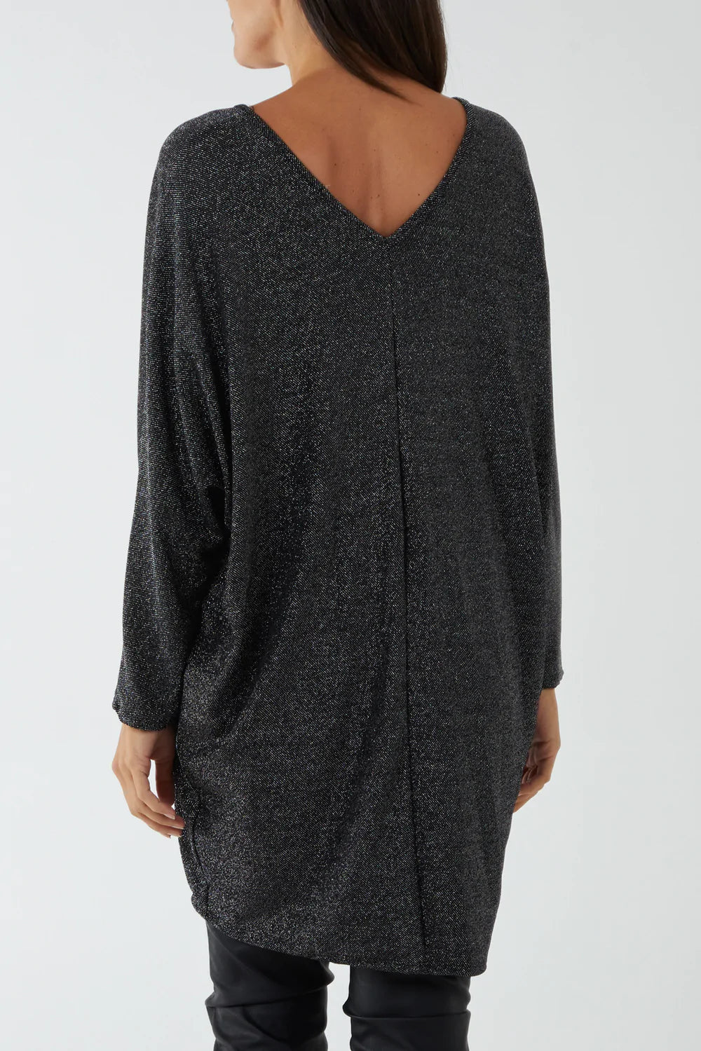 Lurex glitter black and silver tunic dress with long sleeves and v neck