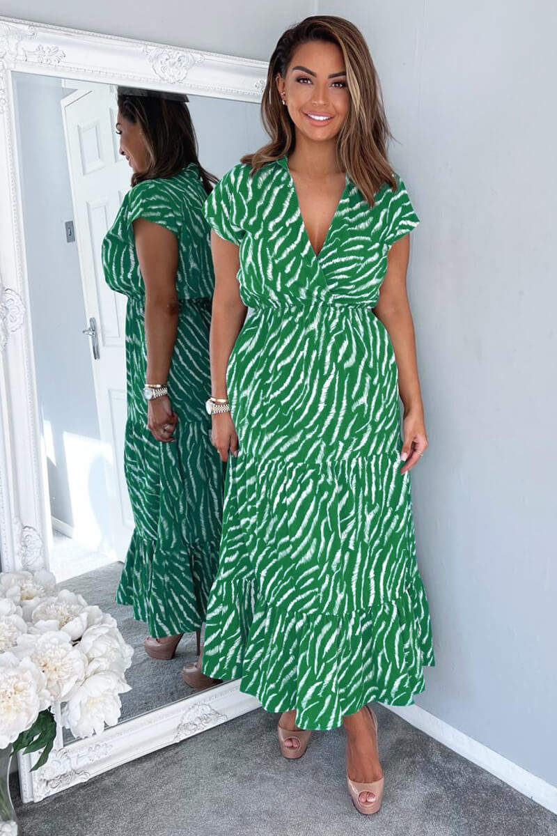 Animal Print Green Collared Smock Midi Dress