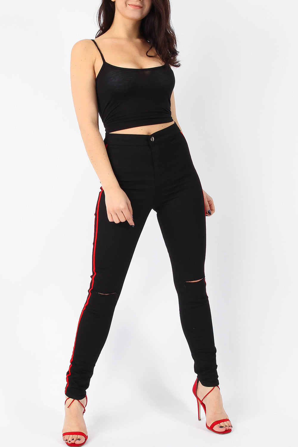 Side Stripe Ripped Skinny Jeans With Stretch